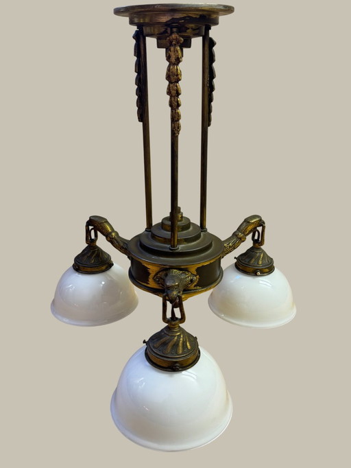 Rare Art Nouveau pendant lamp | 3 perfect original opal glass shades | 1905–1925