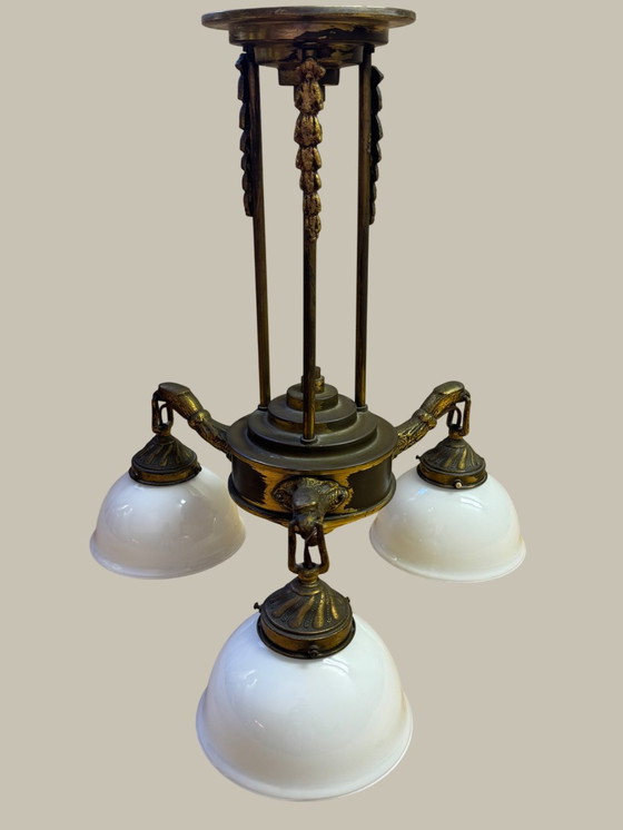 Image 1 of Rare Art Nouveau pendant lamp | 3 perfect original opal glass shades | 1905–1925