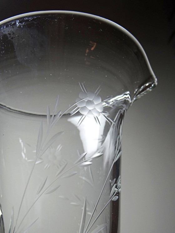 Image 1 of Antique wheel-engraved glass pitcher with vegetal decoration, Bohemia, early 20th century