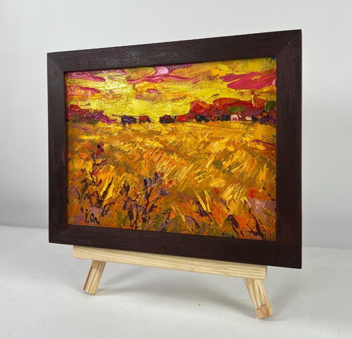 Original Oil Painting Sunset Field Landscape Silence in the pasture