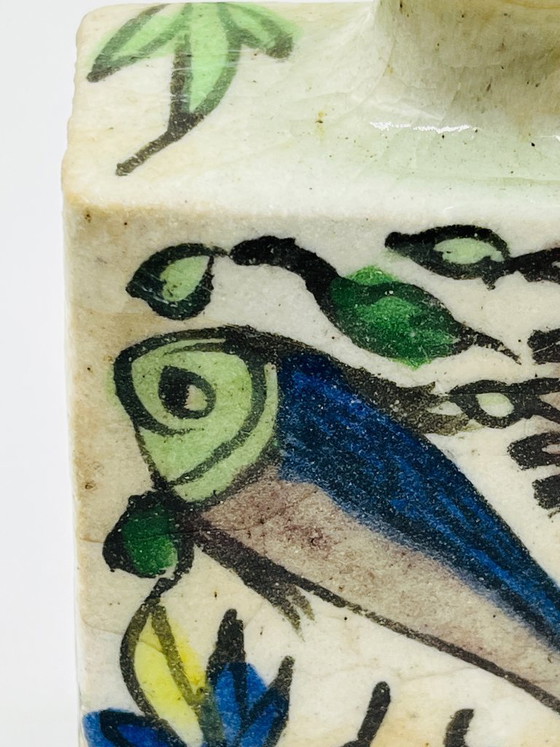 Image 1 of Antique Rectangular Ceramic Bottle, Persian Qajar Style, Fish Design, 19th Century