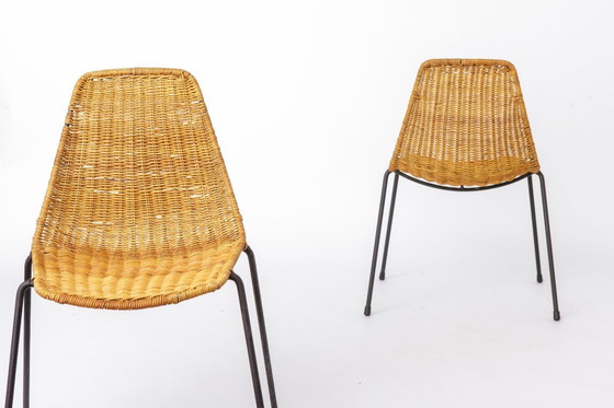 Image 1 of Set of 2 Gianfranco Legler Basket Chairs, 1950s Rattan Chairs, Mid Century Swiss Design, Metal & Wicker Chairs
