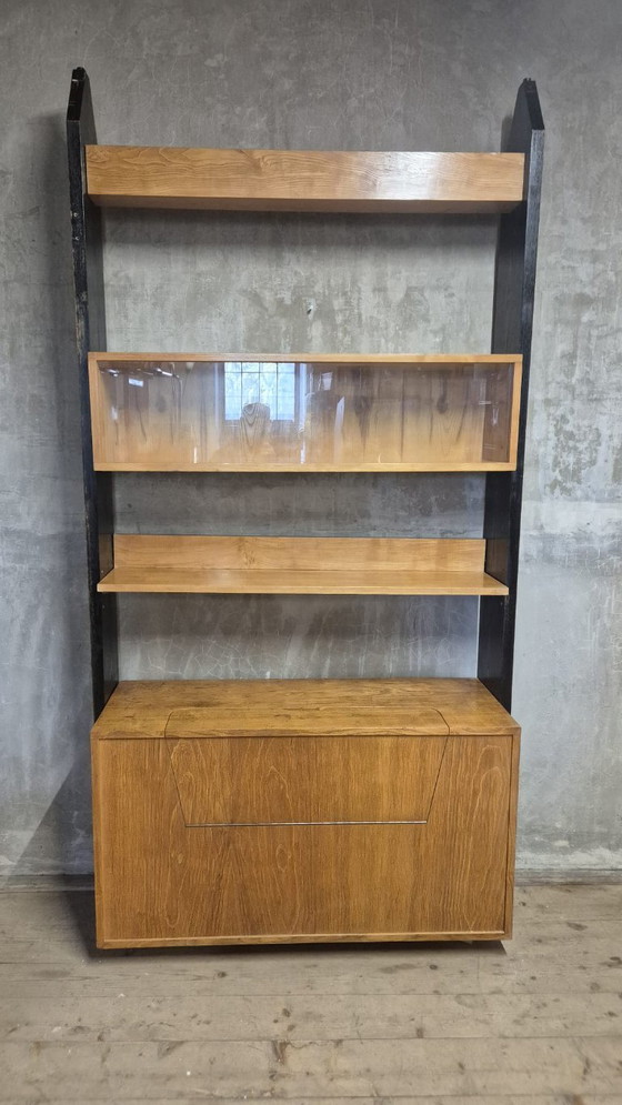 Image 1 of Vintage Czechoslovak Modular Wall Unit with Veneer Cabinets and Black Wooden Supports, 1960s–1970s