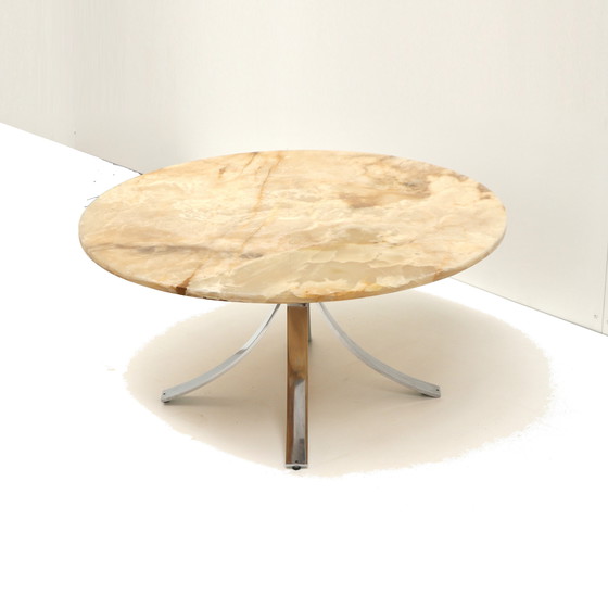 Image 1 of Ronde vintage onyx salontafel met onderstel van chroom uit de jaren ’70