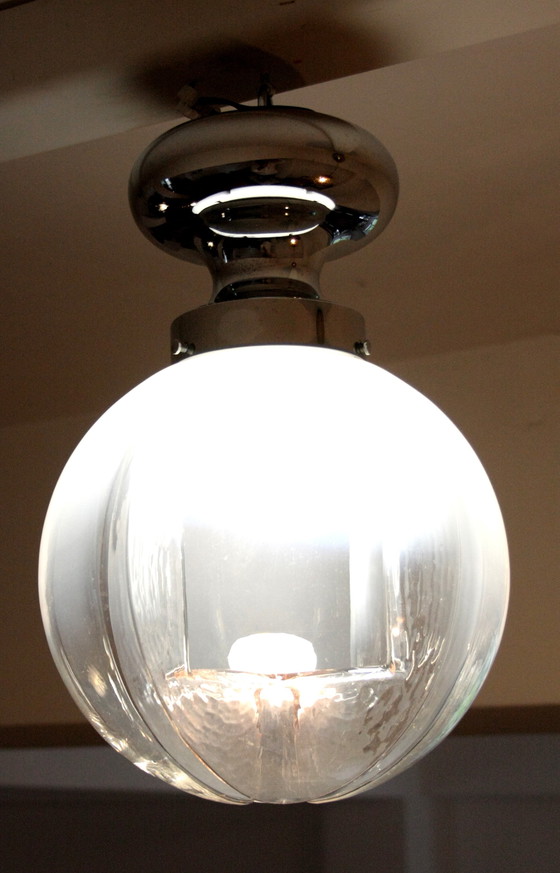 Image 1 of Lampada da soffitto in cromo, vetro soffiato di Murano, Italia 1960