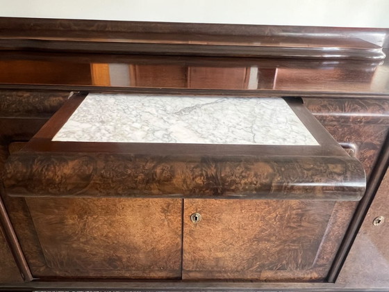 Image 1 of Art Deco Sideboard Nussbaum 1930 mit Marmor Servierplatte – Vintage Bar Cabinet, Burl Walnut Credenza, Luxury Statement Piece