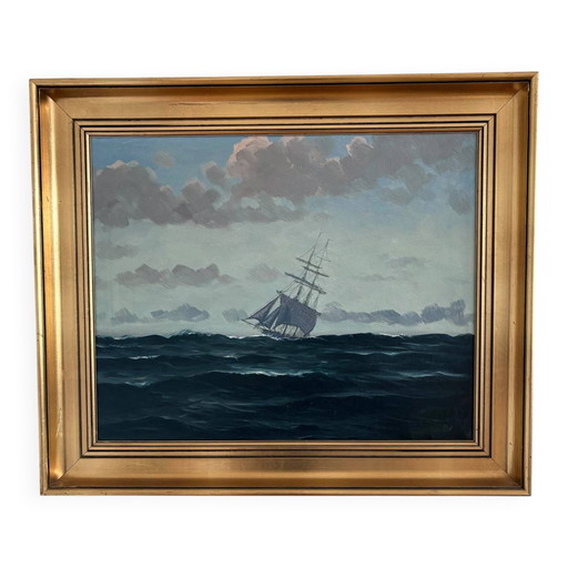 Peinture à l'huile originale vintage représentant une marine, signée, art de voilier