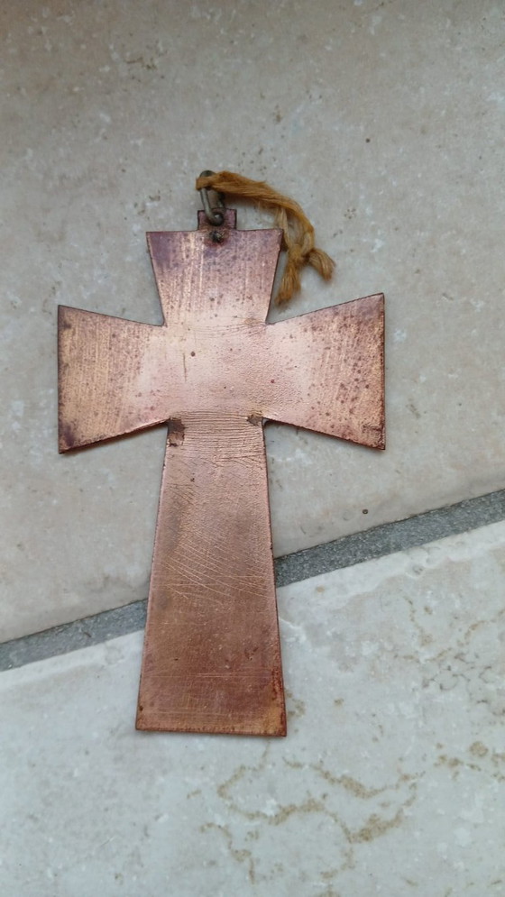 Image 1 of Crucifix Cross Copper Enamel Vintage Cradle Cross Angel