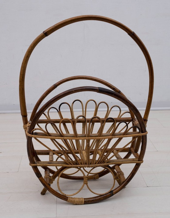 Image 1 of Mid-Century Modern Italian Rattan Bamboo Magazine Rack Stand, 1960s