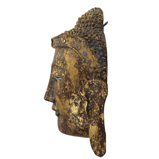19e-eeuws Birmaans Verguld Houten Boeddha Voorhoofd – Ava Stijl (20.5 cm) – Beeldhouwkunst, Wood, Glass (photo 3 of 6)