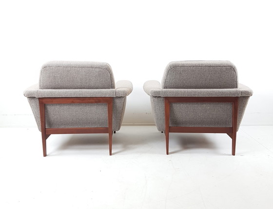 Image 1 of Set di divani vintage in legno di teak | divano + 2 poltrone in lana beige De Ploeg