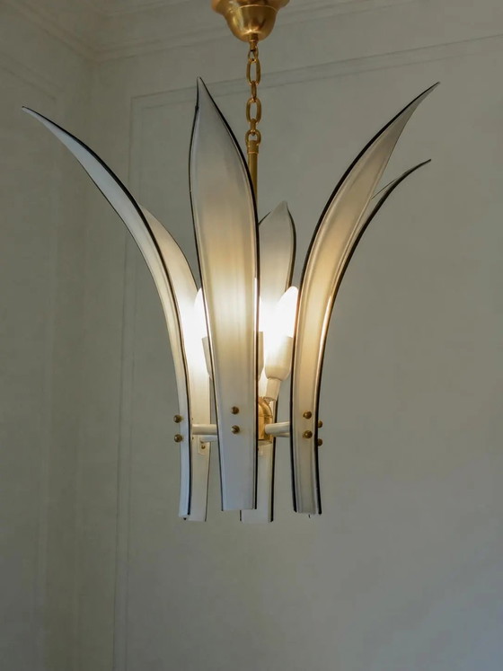 Echte Vistosi Palms Murano Glazen Kroonluchter, Jaren 70 Italiaans Messing, 6 Bladeren, 4 Lichten – Metal (photo 4 of 10)
