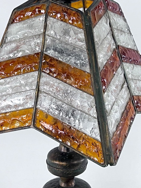 Image 1 of Monumentale, brutalistische Tischleuchte aus dickem Glas und Metall von Longobard. Italien, 1970er Jahre.