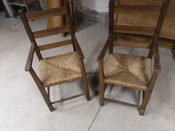 Image 1 of Pair of antique wooden straw-seated armchairs - Authentic country style
