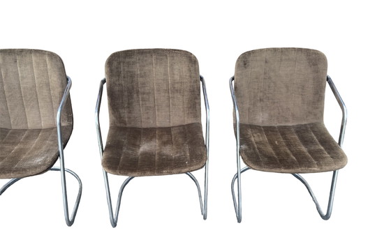 Image 1 of 4 Chromen frame met stoffen groen/bruine bekleding eetkamerstoel
