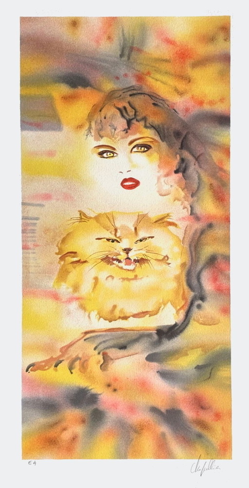 Cécile CHAPELLIER Femme au chat angora Signed lithograph 1990