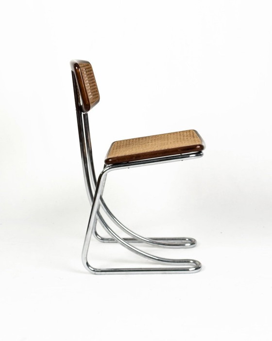 Image 1 of Set van 4 vintage cantileverstoelen in chroom, hout en Weens riet, jaren 70.