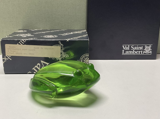 Image 1 of crystal green frog paperweight / Val Saint Lambert, designed by Katherine de Sousa.