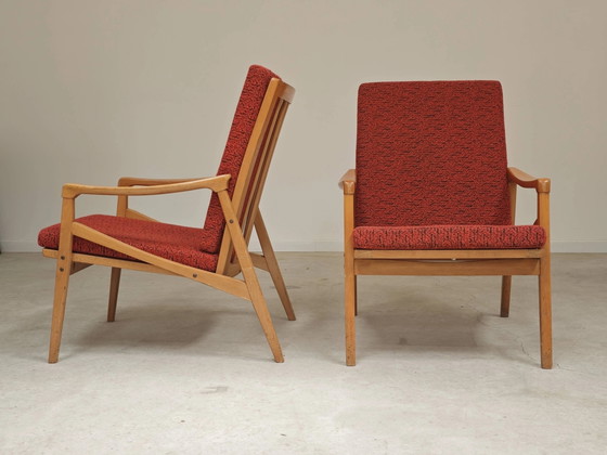 Pair of Jiri Jiroutek red armchairs by Intérier Praha – Wood, Mid Century Modern (photo 11 of 13)