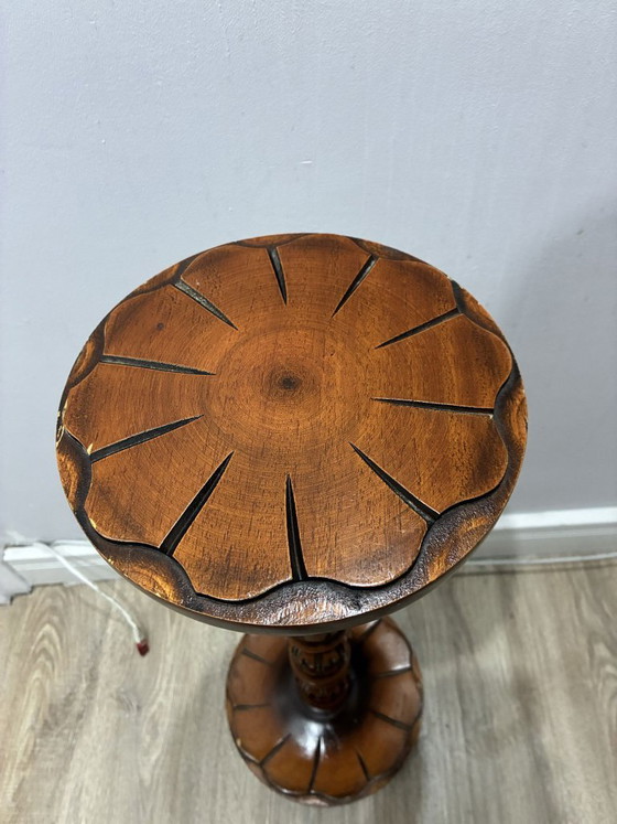 Carved wooden plant stand, turned pedestal, 1960s, Column, Brown, Vintage (photo 2 of 6)