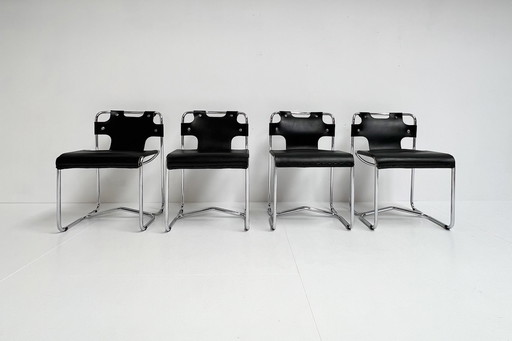 Ensemble de chaises en cuir noir de style Midcentury (4), Italie, années 1970