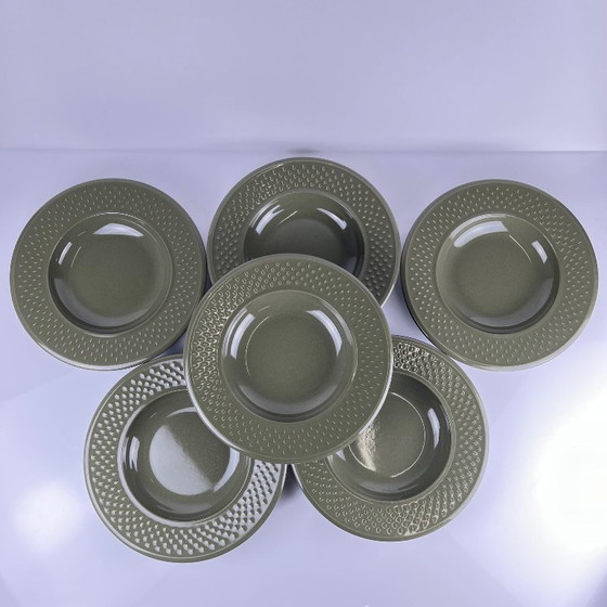 Image 1 of Set of 6 Genevieve Lethu soup plates, "Grain de riz" model, green
