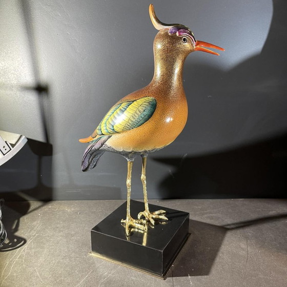 Crested Bird Polychrome Porcelain & Ormolu Sculpture, 1970s – Bronze, Wood, Hollywood Regency (photo 16 of 19)