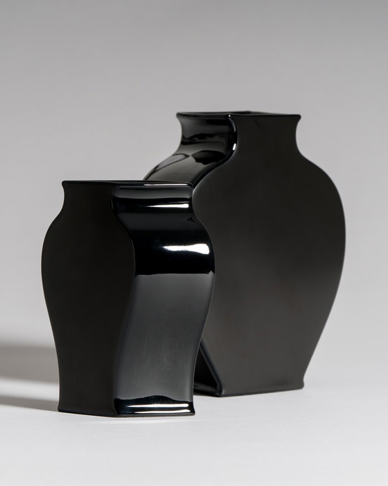 Image 1 of Tadao Amano for Rosenthal Studio-Line “Sakura” Vase Pair in Porcelaine Noire — Matte & Glossy Black, 1980s Germany / Japan