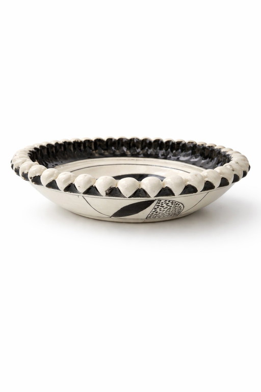 Caltagirone Ceramic Centerpiece, Sicilian Pottery Black & White Geometric Bowl, Hand-Painted Modernist Art, Handmade in Italy