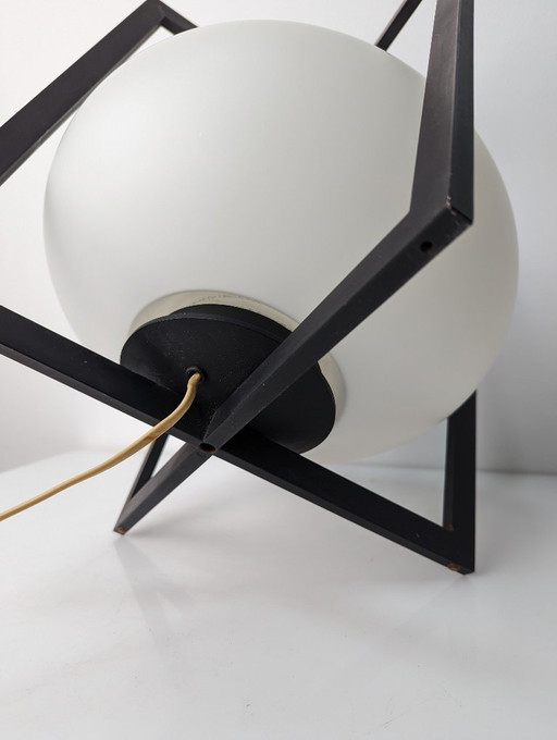 European Modernist Cube Table Lamp Black Metal Glass 1970s