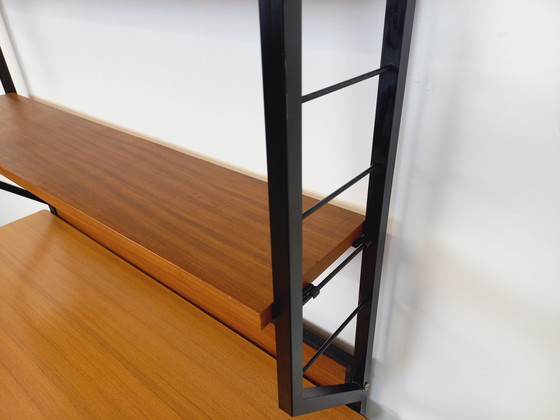 Image 1 of Italian modernist desk with built-in modular string bookcase in teak, metal and melamine from the 60s