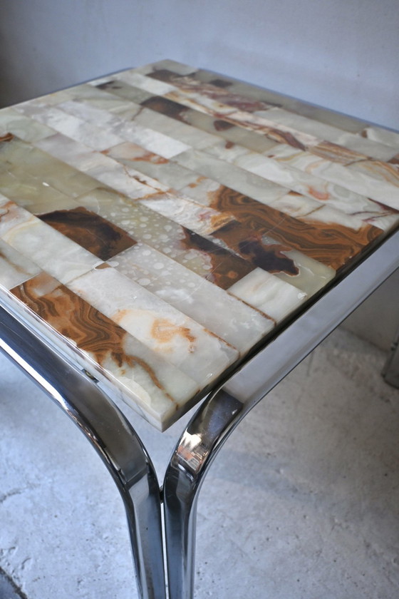 Vintage 70s Design Side Table, Onyx Mosaic & Chrome – Coffee tables, Stone, Metal (photo 8 of 12)