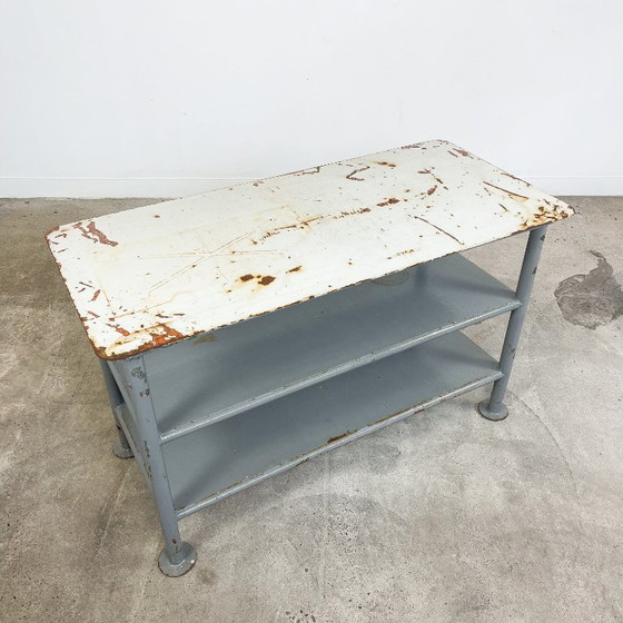 Industrial metal shelving unit, gray and white, Plant table, Grey, Vintage (photo 3 of 9)