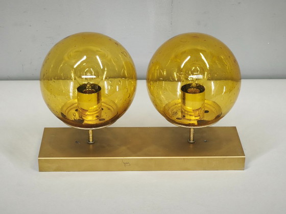 1970s Space Age Amber Glass Double Wall Lamp, Kamenický Šenov – Wall lights, Brass (photo 2 of 14)