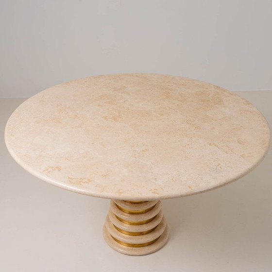 Image 1 of Travertine and Brass Pedestal Dinning Table Marzio Cecchi 
