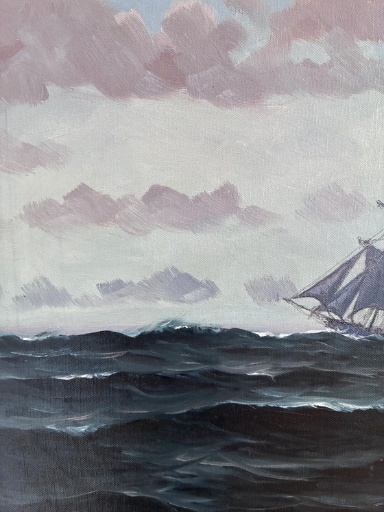 Image 1 of Peinture à l'huile originale vintage représentant une marine, signée, art de voilier