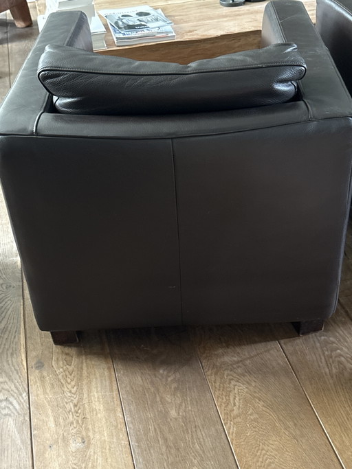 2 braune Lederwürfelstühle – fauteuils, Leather, Wood