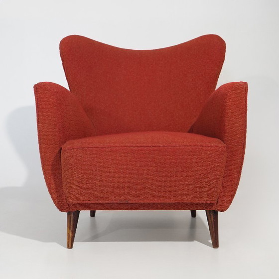 Coppia di poltrone rosse con piedini a cono, anni '50 – Textile, Wood (photo 8 of 14)