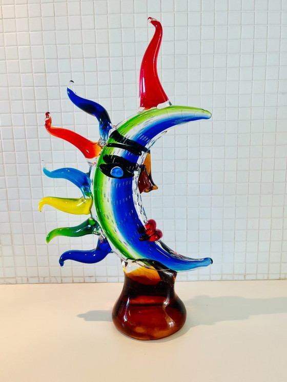 Image 1 of MOON FACE Murano picasso Style Glass Sculpture Multicolor Hand Blown Art JEBLO