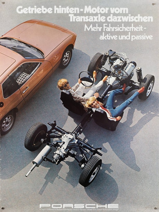 Porsche Getriebe Hinten - Motor Vorn - 1976 - Póster original vintage de Porsche de Werbeagentur Strenger - 102x76 cm