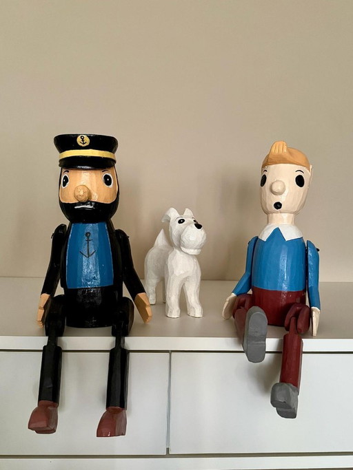 Conjunto de 3 figuras de madera hechas a mano de Tintín: Tintín, Milú y el Capitán – 40 cm – decoratieve objecten, Wood