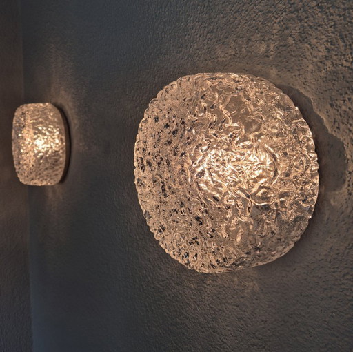 Pair of Glashütte Limburg 2791 Textured Ice Glass Flush Mount Ceiling / Wall Lights, Black Base, E27, Ø24.5 cm, Germany