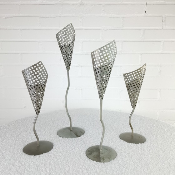 Image 1 of 4x vintage candlestick Memphis Milano gray metal 80s