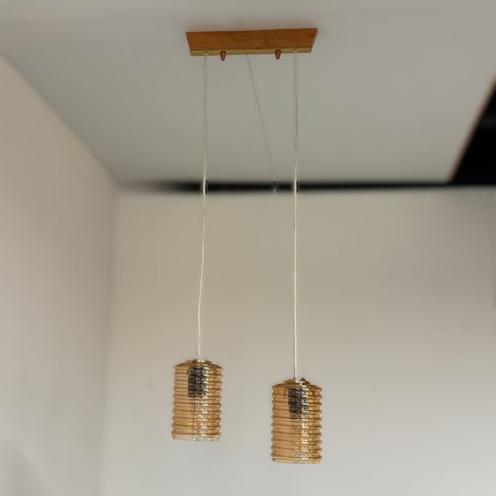 Image 1 of Vintage plafondlamp met twee amberkleurige kappen