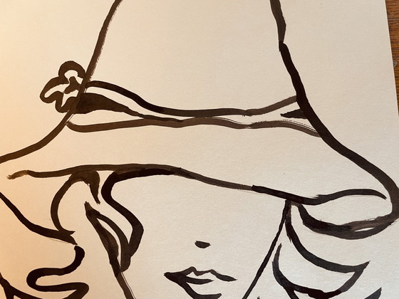 Image 1 of Retrato femenino de moda, "Sombrero", pintura firmada, grabado en tinta china