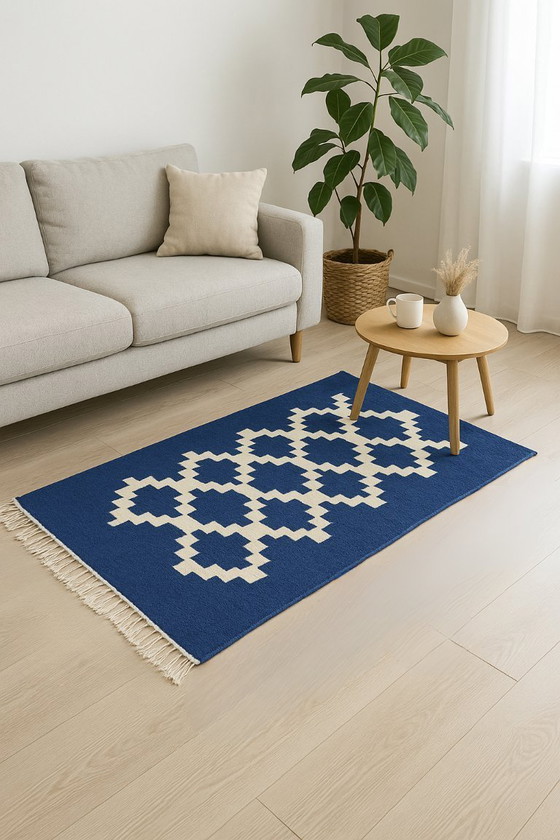 Image 1 of Senon Kelim Läufer 70 × 140 cm - Handgefertigt in Ägypten - Blauer Diamant, Flachgewebe