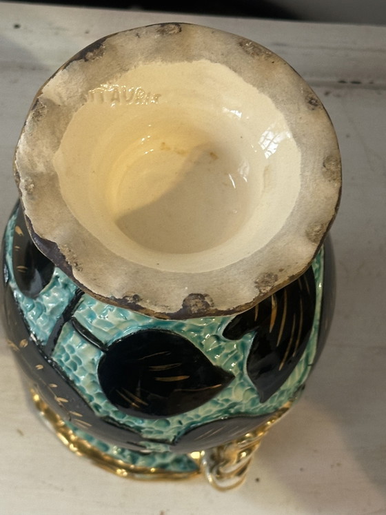 Pair of vintage Vallauris vases in turquoise ceramic, black flowers and gold trim (photo 8 of 9)