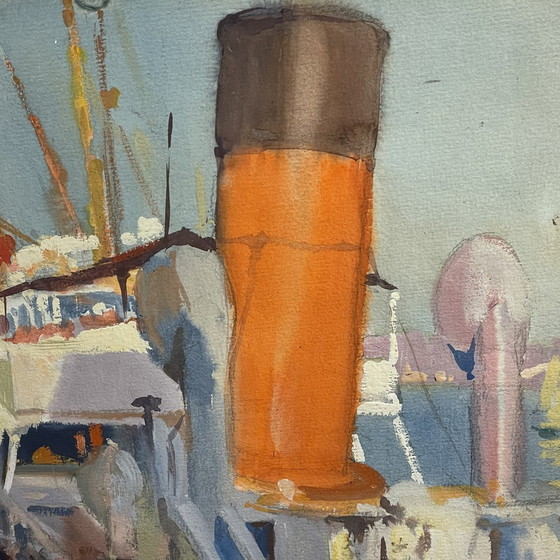 Jules Van De Leene, Paquebot au quai, années 1920, Gouache – Peintures et dessins, Paper, Wood, Art Deco (photo 4 of 11)