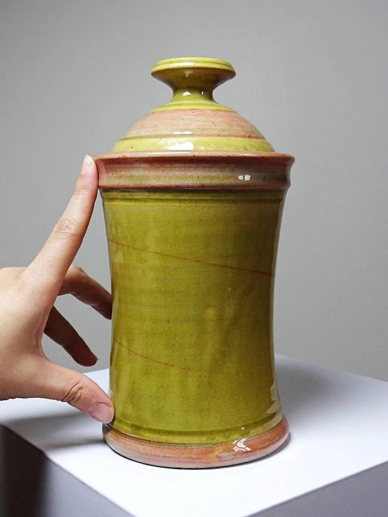 Scatola per spezie decorativa in gres smaltato bicolore vintage, fatta a mano e firmata., Stoviglie, Giallo (foto 8 di 15)