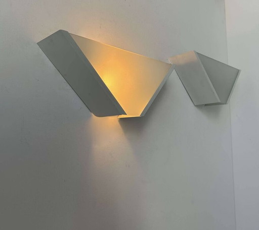 2X Geometric Wall Lights In Sandblasted Glass And White Metal - Italy 1970